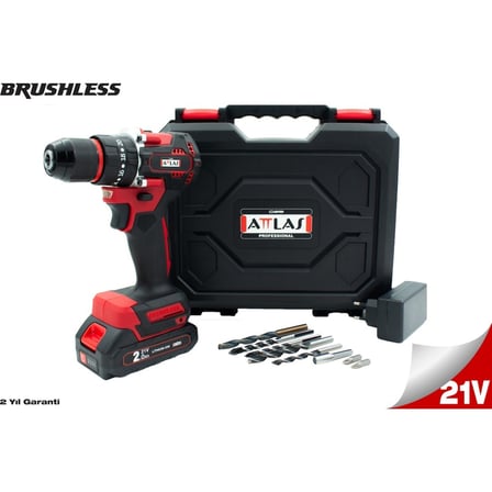Attlas Atb 21 BLPD-201C 21V 2.0AH Tek Akülü Kömürsüz Darbeli Matkap L-Boxx Çantalı + 8 Parça Uç