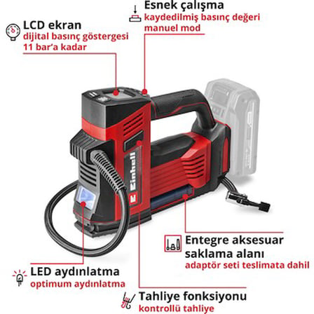 Akülü Oto Hava Kompresörü, 18V Li-Ion 23 D Lityum İyon ile Güçlü Performans