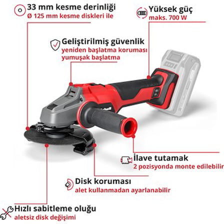 Akülü avuç taşlama, 18 V, 700 W, 125 mm