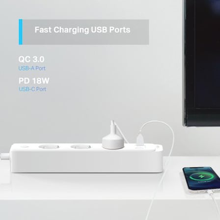 3'lü Wi-Fi Priz, Uzaktan Kontrol, 18W Hızlı Şarj, Alexa ve Google Home Uyumlu