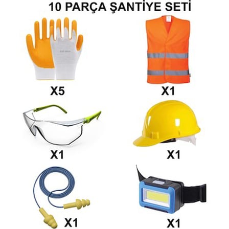 10 Parça Baret Eldiven Şantiye Koruma Seti