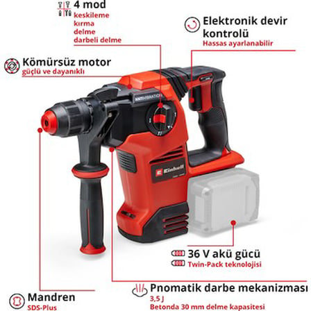 Einhell Profesyonel Akülü Kırıcı Delici TP-HD 36/30 Li BL +4 – Solo Power X-Change (18 V, Kömürsüz,