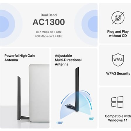 Mercusys MA30H | AC1300 Mbps Dual‑Band Wi‑Fi 5 USB 3.0 Adaptör | Yüksek Çekim Gücü | Tak‑Çalıştır |