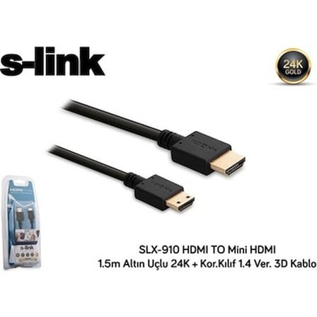 S-Link Slx-910 1.5M Altın Uçlu HDMI To Mini HDMI Kablo 24K Koruma Kılıf 1.4 Ver. 3D