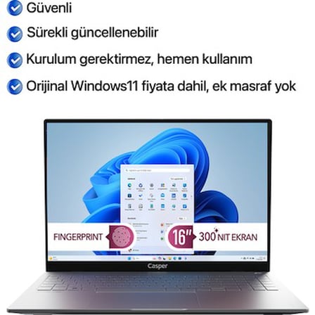 Casper Nirvana S100 Intel Core i5 13420H 16GB 500GB SSD Windows 11 Home 300Nit 16" Taşınabilir