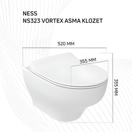 Creavit Ness Vortex Beyaz Asma Klozet NS323, Creavit Ness Duroplast Yavaş Kapak