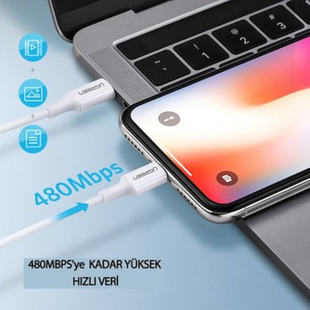 UGREEN USB-C - Lightning 3A PD MFi Sertifikalı Hızlı Şarj Kablosu, 1 m, Beyaz,