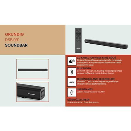 Grundig DSB991 Soundbar Ev Sinema Sistemi 2.0 Kanal Koyu Siyah Renk Dolby Atmos