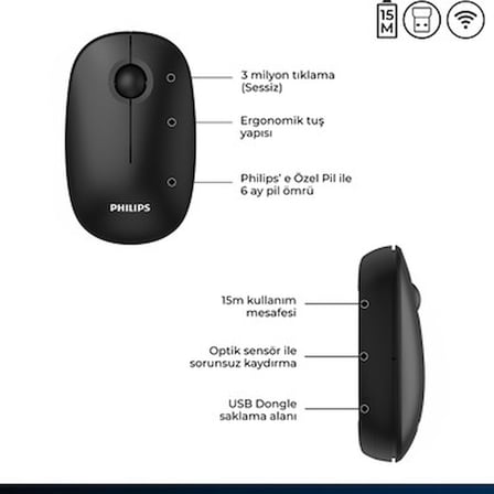 Philips SPK7378 Kablosuz 1600DPI 3 Tuşlu Optik Sessiz Mouse
