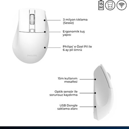 Philips SPK7528 Kablosuz Bluetooth 1600DPI 5 Tuşlu Sessiz Optik Mouse