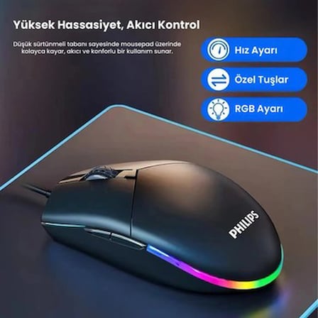 Philips SPK9304 USB Kablolu 6400DPI 6 Tuşlu RGB Aydınlatmalı Optik Gaming Mouse Siyah (Philips