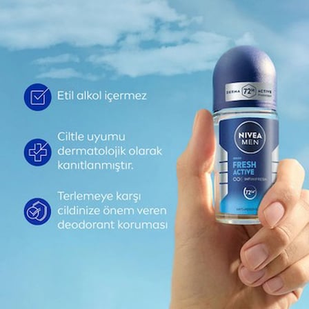 Nivea Men MEN Erkek Roll-on Deodorant Fresh Active 50ml, 72 Saat Terleme Karşıtı, Alkolsüz,