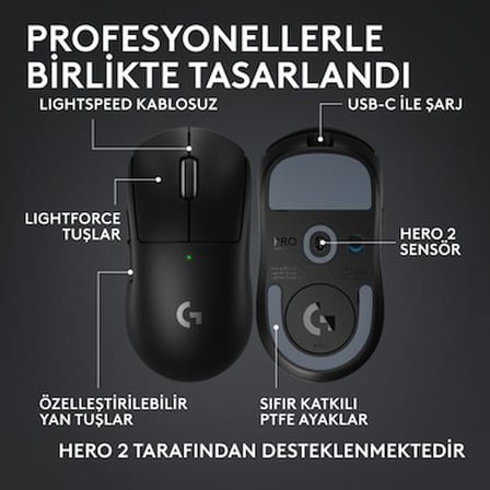 Logitech G Pro x Superlıght 2c Hafif Hero 2 Sensör 32.000 Dpı Lıghtspeed Kablosuz Oyuncu Mouse -