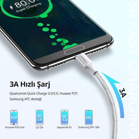 Örgülü Hızlı Şarj Kablosu, 3 Metre Uzunlukta Gümüş Beyazı