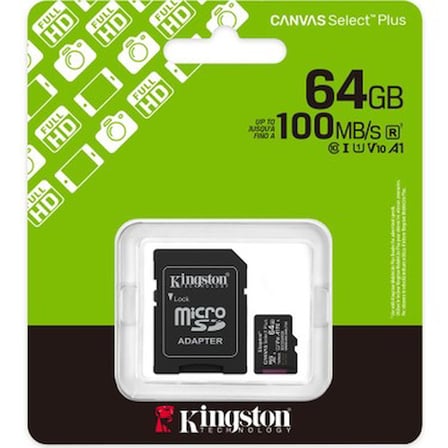 Kingston SDCS3/64GB 64GB microSDXC Canvas Select Plus Gen3 100MB/s A1 Card +