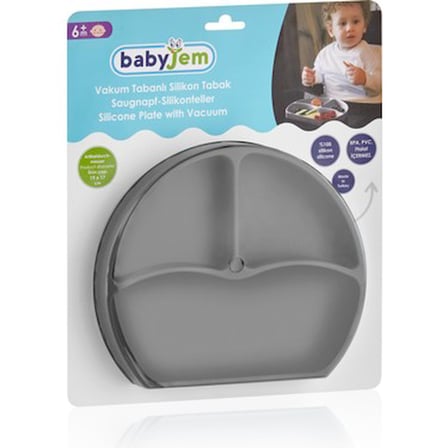 Oval Gri Silikon Tabak, 1-5 Yaş İçin Kaymaz Tasarım