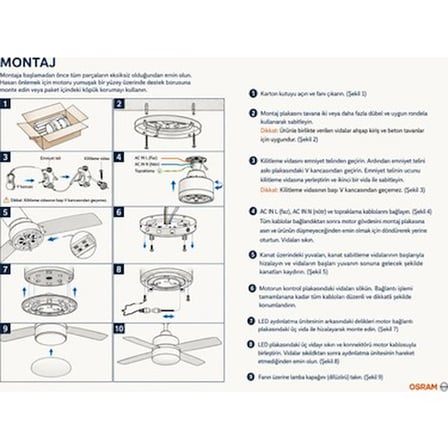 Osram Kumandalı Siyah 18W 3 Kanatlı Tavan Vantilatörü Güçlü Işık Yönü ve Modern