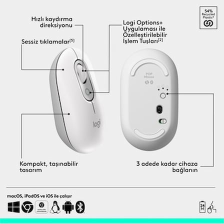 Logitech Pop Icon Kablosuz Bluetooth Sessiz Türkçe Q Klavye ve Mouse Seti,