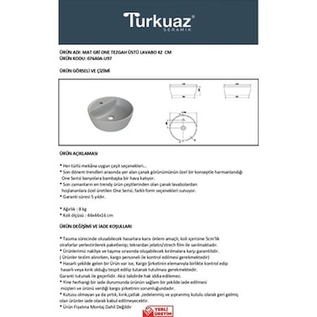 42 cm Mat Gri Lavabo, Modern Kullanım Kolaylığı