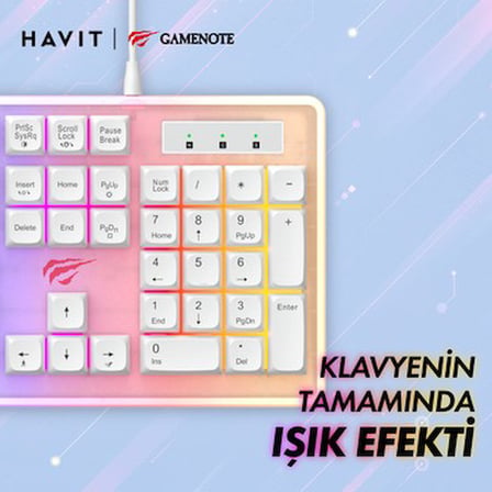 Havit Gamenote KB876L Beyaz Oyuncu Klavyesi Kablolu Standart Tuş Formu Oyun İçin RGB