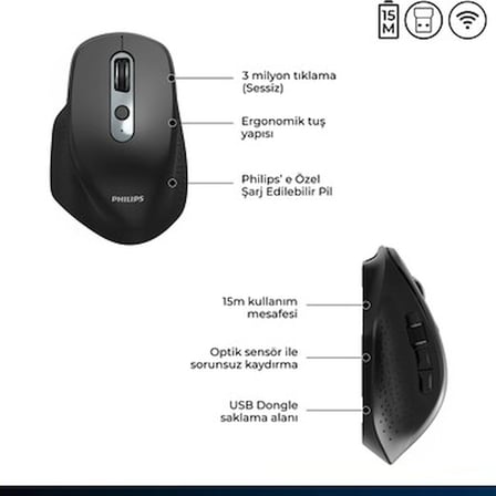 Philips SPK7818 3200 DPI 8 Tuşlu Dual Mod Bluetooth ve 2.4G Kablosuz Ergonomik Sessiz Mouse