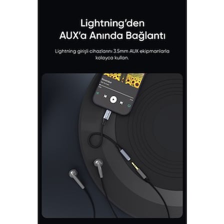 Örgülü Metal Başlı Lightning Ses Kablosu, 15 cm Uzunlukta Siyah