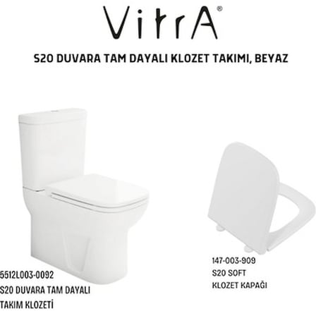 VitrA S20 Duvara Tam Dayalı Klozet 5512L003-0092 Stoperli Kapağı ile Beyaz Kanalsız Tasarım