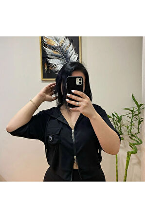 Kapüşonlu Siyah Crop Sweatshirt