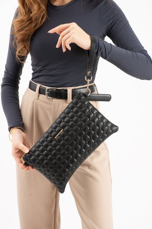Kadın Suni Deri Siyah Mozaik Desen Çapraz Ve El Askılı Portföy Clutch