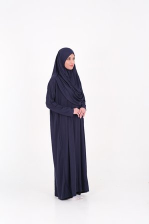 Tek Parça Namaz Elbisesi Boydan Giymeli Lacivert Çantalı