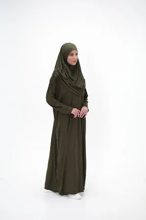 Tek Parça Namaz Elbisesi Boydan Giymeli Haki Çantalı