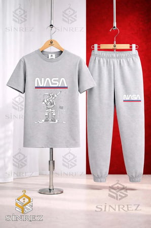 Unısex Çocuk ASTRONOT BEYZ UST NASA YAZI Baskılı Tişort Eşofman Takımı