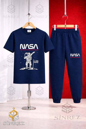 Unısex Çocuk ASTRONOT BEYZ UST NASA YAZI Baskılı Tişort Eşofman Takımı