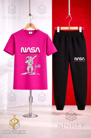 Unısex Çocuk ASTRONOT BEYZ UST NASA YAZI Baskılı Tişort Eşofman Takımı