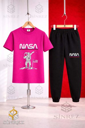 Unısex Çocuk ASTRONOT BEYZ UST NASA YAZI Baskılı Tişort Eşofman Takımı