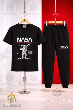 Unısex Çocuk ASTRONOT BEYZ UST NASA YAZI Baskılı Tişort Eşofman Takımı
