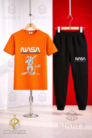 Unısex Çocuk ASTRONOT BEYZ UST NASA YAZI Baskılı Tişort Eşofman Takımı