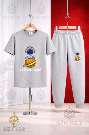Unısex Çocuk ASTRONOT UZAY GEZEGEN USTUNDE Baskılı Tişort Eşofman Takımı