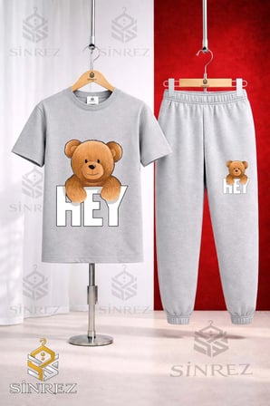 Unısex Çocuk AYICIK HEY YAZISI USTUNDE Baskılı Tişort Eşofman Takımı