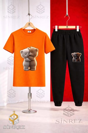 Unısex Çocuk AYICIK SARILAN 2LI Baskılı Tişort Eşofman Takımı