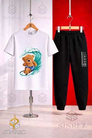 Unısex Çocuk AYICIK SORTLU SURF Baskılı Tişort Eşofman Takımı