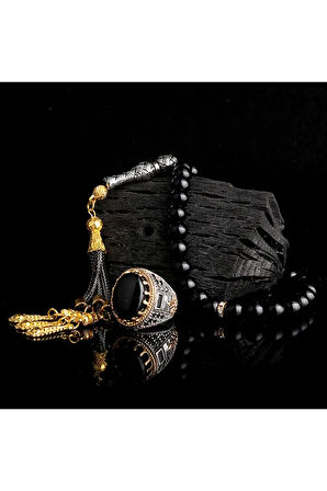 Siyah Akik Taşlı 925 Ayar Gümüş Yüzük Ve Doğal Akik Taşlı Tesbih