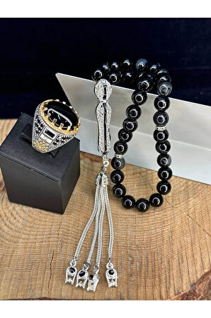 Siyah Akik Taşlı 925 Ayar Gümüş Yüzük Ve Doğal Akik Taşlı Tesbih