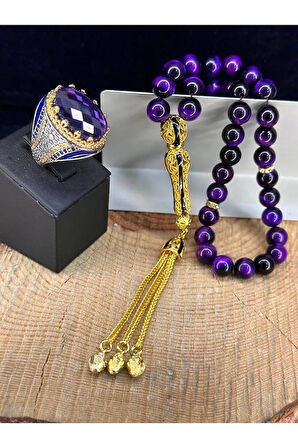 Zirkon Taşlı 925 Ayar Gümüş Yüzük Ve Doğal Ametist Taşlı Tesbih Set