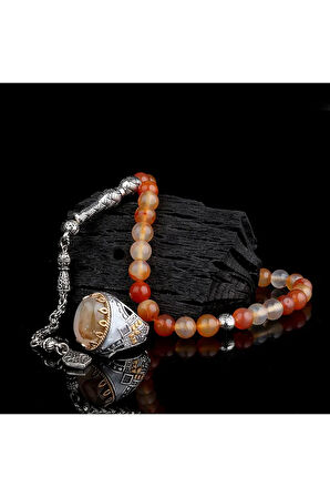 925 Ayar Gümüş Erkek Yüzük Akik Taşlı & Doğal Akik Taşlı Tesbih