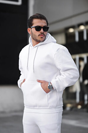 Erkek Üç İplik Şardonlu İçi Polar Baskısız Kapüşonlu Kanguru Cep Sweatshirt Basic Hoodie