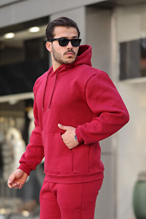 Erkek Üç İplik Şardonlu İçi Polar Baskısız Kapüşonlu Kanguru Cep Sweatshirt Basic Hoodie