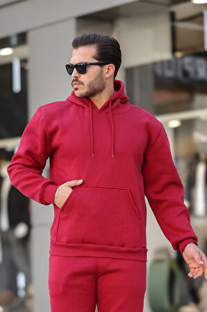 Erkek Üç İplik Şardonlu İçi Polar Baskısız Kapüşonlu Kanguru Cep Sweatshirt Basic Hoodie