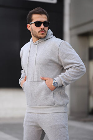 Erkek Üç İplik Şardonlu İçi Polar Baskısız Kapüşonlu Kanguru Cep Sweatshirt Basic Hoodie