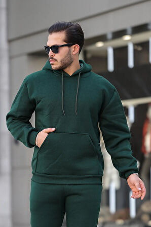 Erkek Üç İplik Şardonlu İçi Polar Baskısız Kapüşonlu Kanguru Cep Sweatshirt Basic Hoodie